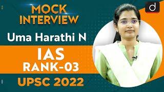 Uma Harathi N, Rank-03 | UPSC CSE 2022 | English Medium | Mock Interview | Drishti IAS English