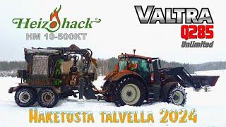 Valtra Q285 + Heizohack HM 10-500KT,  haketusta talvella 2024.