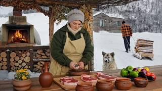 Juicy Beef Steaks on Salt Block! Cooking in the Snowy Mountains of Azerbaijan!