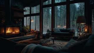 Cozy Ambience  Relaxing in Living Room with Crackling Fireplace and Rain Sounds ASMR for 10 Hours