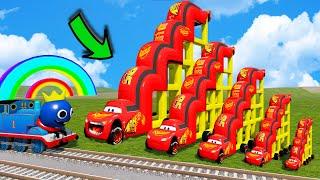Big & Small Long Stairs Lightning Mcqueen vs Rails and Train - Cars vs Rails and Train - BeamNG