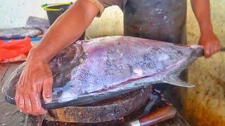 INDONESIA STREET FOOD || GIANT FISH CUTTING SKILLS FOR SUSHI IN INDONESIA FISH MARKET