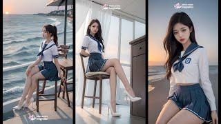 [Ai룩북 4K] 052 네이비 세일러룩 "나, 교복 잘 어울려?"  Navy sailor style "How do I look?"セーラースタイル, Aiモデル, Ai룩북, Ai모델