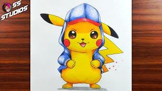 How To Draw Pikachu wearing Ash cap and a Hoodie | Pokemon - Easy Step By Step Tutorial