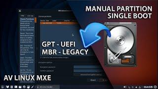 Manual Partition AV Linux MX Edition | GPT UEFI | MBR LEGACY | Single Boot AV Linux MXE Install