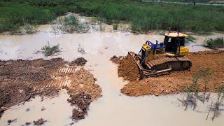 Amazing Project!! Shantui Bulldozer Pushing Skill With 25T Dump Trucks Repair The Road