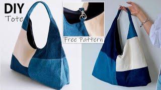 DIY Patchwork Tote Bag from Cloth Sewing | ASMR| Free Pattern