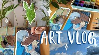 ART VLOG // painting Howl and Sophie new plant skies️~ gouache painting process