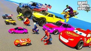 Spiderman & Super Heroes Race In Mega track Ramps By Trucks & Sea Bikes big Cars