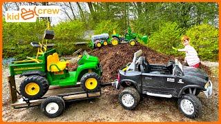 Landscaping mulch and trees with tractor, truck, digger, and water trailer. Educational | Kid Crew