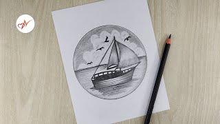 How to draw a beautiful sailboat scenery | Pencil sketch drawing step by step