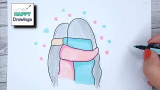 How to Draw Two Best Friends Hugging #BFF  - Happy Drawings