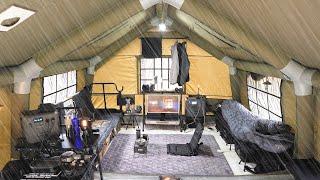 Living cozy in a XXL inflatable air tent like a home on a rainy day