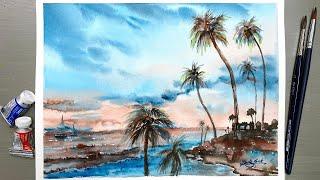 Watercolor Painting - Sunset and Palm Tree of Laguna Beach in California-Healing Sea-Tutotaial