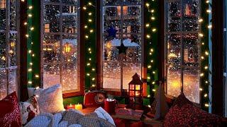 Cozy Christmas Reading Nook with Crackling Fireplace Sound and Snow - Relaxing Christmas Ambience