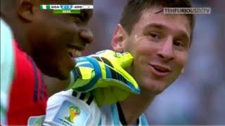 Nigerias goalkeeper touching Messi to see if he's human!