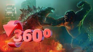 Godzilla vs king kong fight.  360 degree view                                               V360