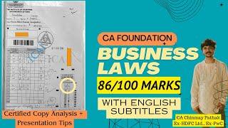 Business Laws HIGHEST SCORE 86/100 CA Foundation - Certified copy analysis + presentation tips#icai