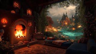 Cozy Room Ambience ASMR Rain on window sounds with crackling fire for sleep, study, relaxation.