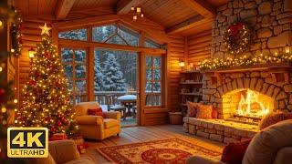 Christmas Cabin Ambience in 4K | Cozy Fireplace & Snowy Forest View ️