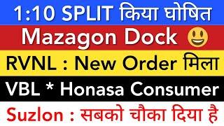 RVNL SHARE NEWS  MAZAGON DOCK SHARE LATEST NEWS • VBL • HONASA • SUZLON SHARE • STOCK MARKET INDIA