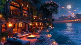 Tranquil Saturday Night Escape: Oceanfront Moonlight with Smooth Jazz Music & Campfire Relaxation