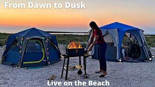 HOT DAY at camp on the Wild Beach, Solo camping by the sea: swimming, cooking, fishing, live in tent