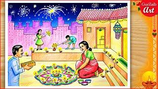 How to Draw Diwali scene Drawing / Indian festival poster / Deepawali painting / दिवाली का चित्र