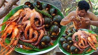 Cooking Giant Spider Octopus,Snails, Lobsters BBQ Recipe Eating So Yummy - Spice Seafood bbq