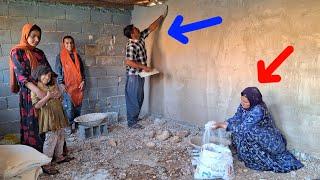 The effort of a single woman and her daughters in plastering the house with the help of the master