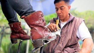 Would you RESTORE these OLD BOOTS?  Street Shoe Shine By Francisco   Mexico City ASMR SOUNDS