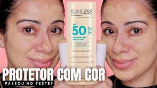 Melhor PROTETOR Com COR Baratinho De FARMÁCIA? | Testei SUNLESS PROTETOR STICK fps 50 Efeito BASE