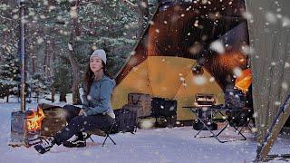 Camping in a Snowstorm forest  Alone in a Hot Tent