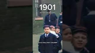 Restored Footage from 1901 Rotherham, England - Police walk past a group of children