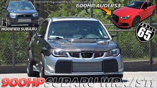 900HP Subaru Sti vs 600hp Audi RS3 & Modified Subaru WRX 65mph Roll start Race motive