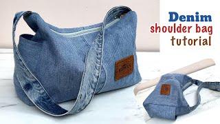 how to sew denim shoulder bag patterns , 1 jeans 1 bag idea,denim hobo bag tutorial.