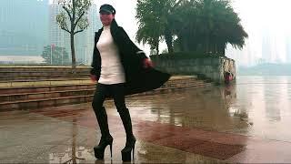 Lily in shanghai with them platform boots and rainy weather