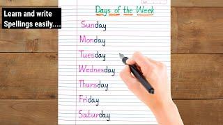 Days of the week with spellings || Sunday Monday ki spelling || Learn and write Days of a week