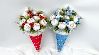 Mini bouquet of sweets for the New Year. Do-it-yourself bag of sweets. Santa Claus hat DIY