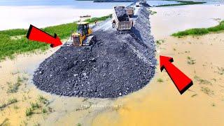 Incredible Bulldozer SHANTUI Pushes Rock to River-Making Road, Team Dump Truck SHACMAN Spreads Rock