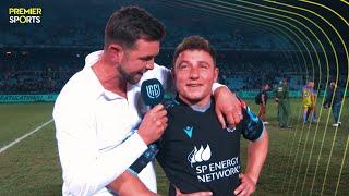 Huw Jones, George Turner and Duncan Weir react after Glasgow Warriors' URC Grand Final win