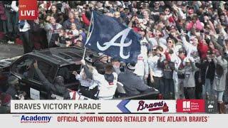 Freddie Freeman waves flag during Braves parade