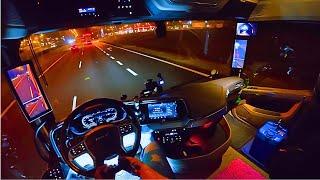 A quiet POV night drive in a Nikotimer truck with low beam headlights on the highway