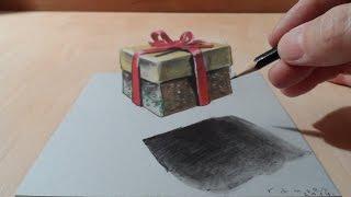 How to Draw 3D Gift Box - Drawing 3D Christmas Gift - Cool 3D Graphic