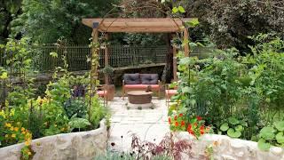 ULTIMATE OUTDOOR LOUNGE AREA in our FRENCH GARDEN - with stone patio, fire pit, pergola and lights