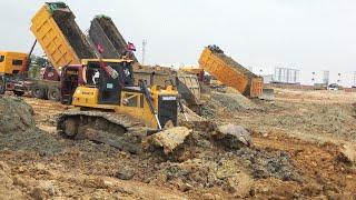 Most Powerful Machines Dozer Equipment Dirt Pushing & Extreme Unloading Dump Truck Filling Big Lake