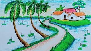 Beautiful scenery drawing with oil pastel//Landscape drawing step by step for beginners