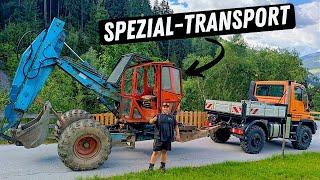 Spezialtransport – Unimog zieht Schreitbagger in die Berge