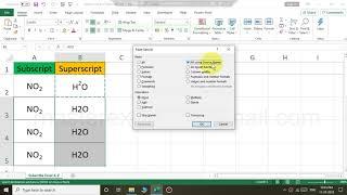 Superscript & Subscript and source theme in excel