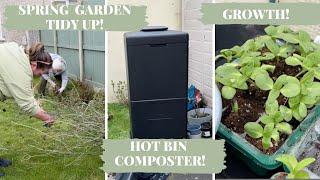 Spring garden tidy up, setting up hot bin composter, spring growth!